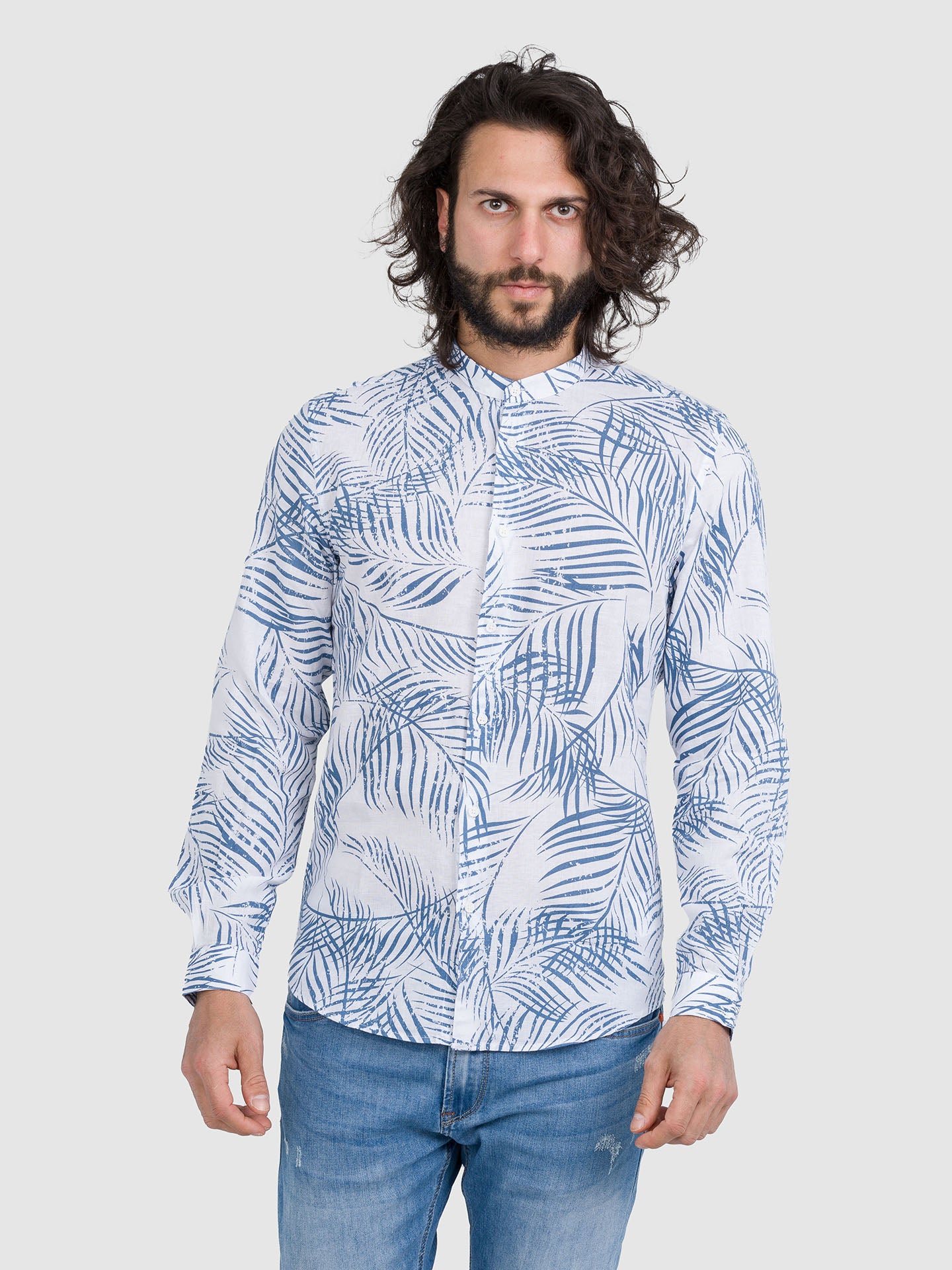 CAMICIA MANICA LUNGA IN LINO-COTONE FLOREALE