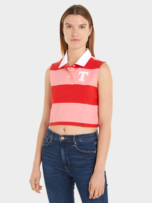 TOMMY JEANS POLO LETTERMAN STRIPES POLO DONNA Rosso Rosa ... 